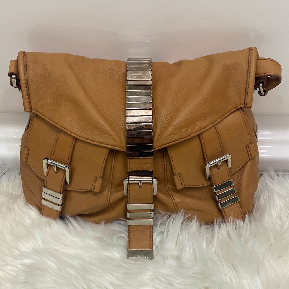 Authentic Michael Kors collection handbag in camel, sterling silver hardware.